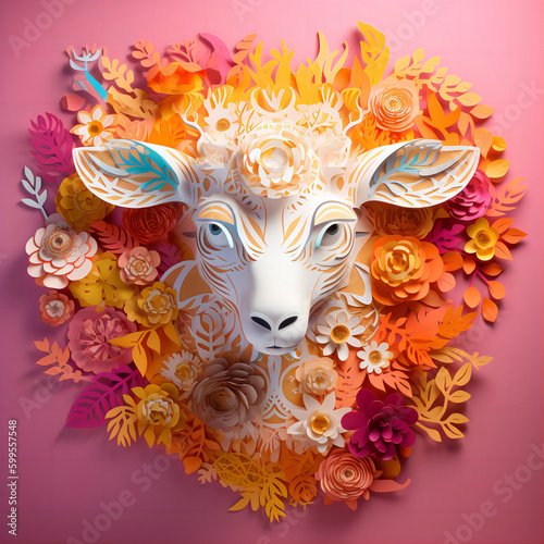 a sheep head with flowers created with Generative AI techonlogy