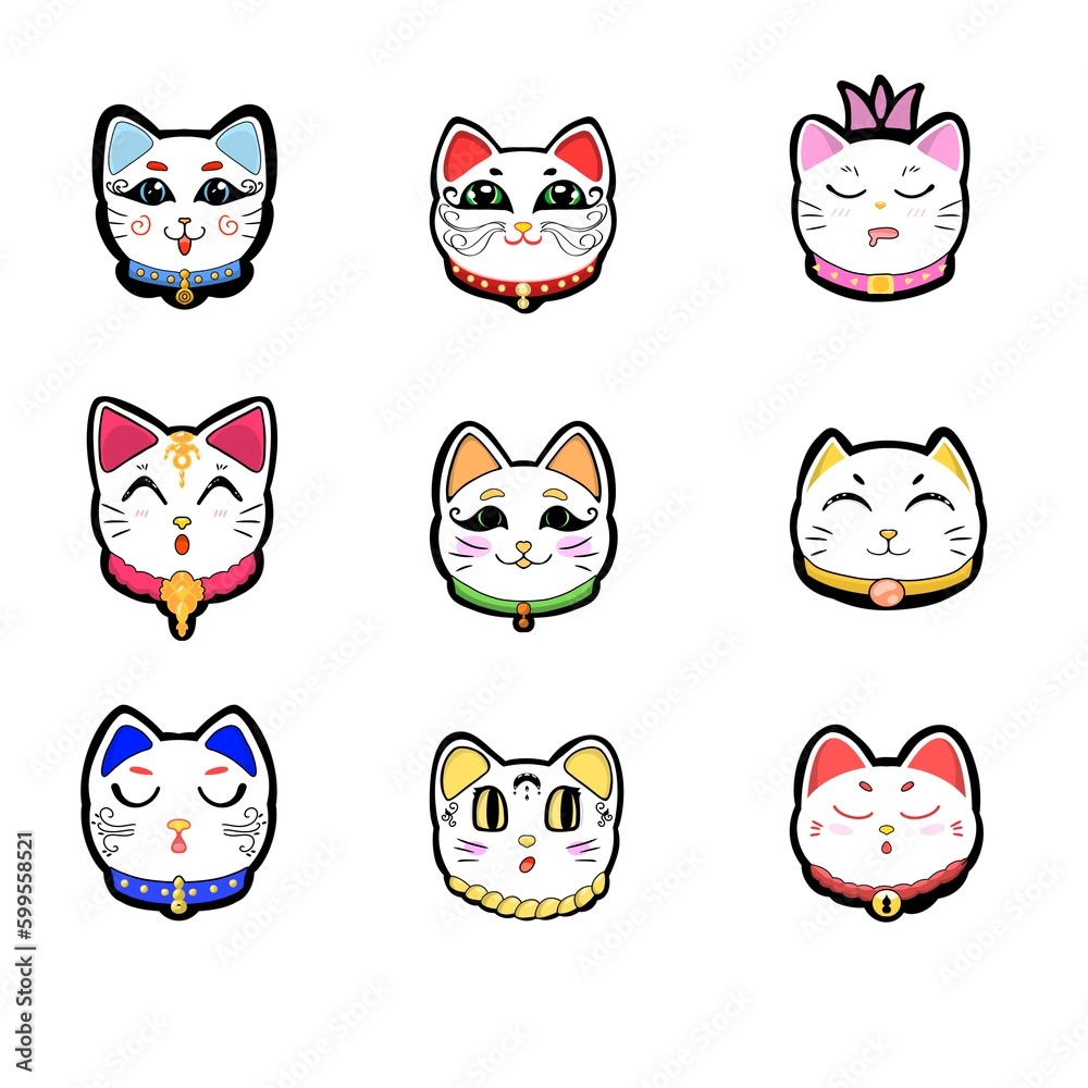 Fototapeta premium set of funny cats, Japanese drawings face cat