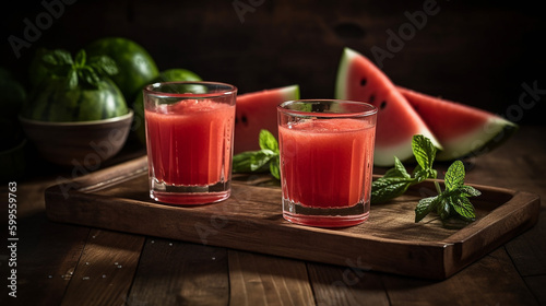 Fresh and Natural Watermelon Juice with Mint and Ice on Cutting Board With Generative AI Technology