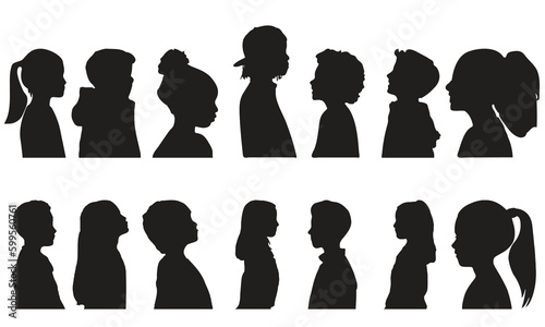 Set of kid children boy and girl silhouette on a white background. Side profile. Vector illustration