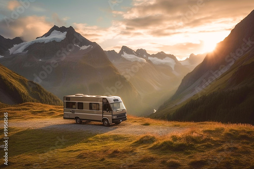 Summer trip to the mountains on a motorhome. Recreational vehicle parking in the mountains for rest among the mountain landscape. Generative AI. Motorhome RV family vacation travel