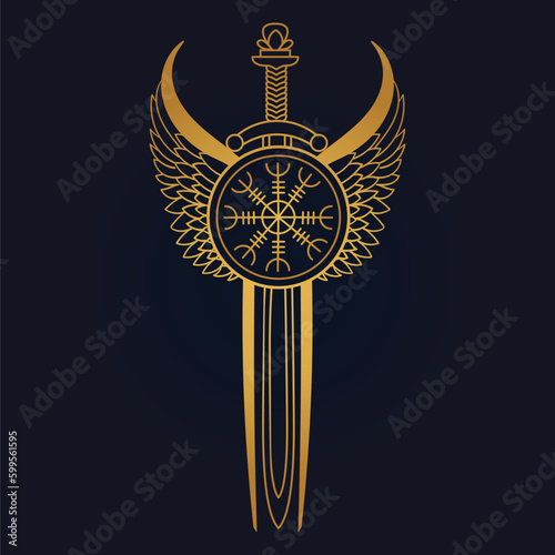 golden Aegishjalmur viking helm of awe runes vector	
