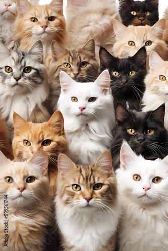 Adorable cats portrait background with many cats next to each other. Generative AI vertical shot