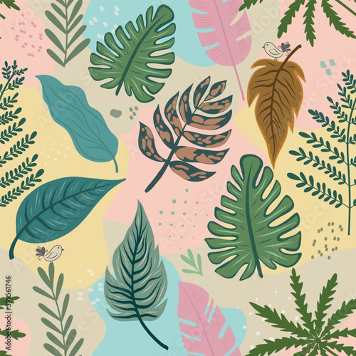  Image of beautiful hand-drawn tropical leaves. Vector Image can be used for designer wallpapers, for textile, packaging, printing or any desired idea.
