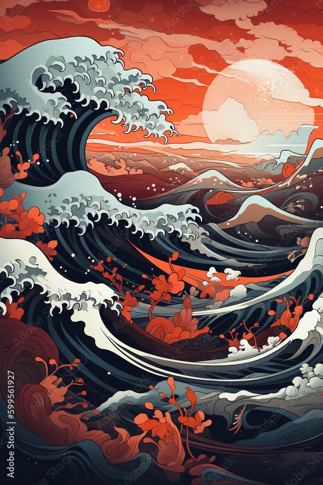 Oriental style illustration of waves crashing in the ocean in red and dark tones. Generative AI vertical illustration