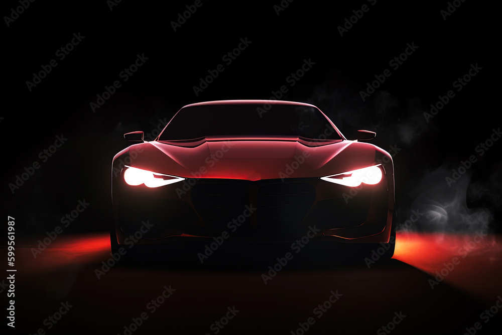 Naklejka premium Front view dark silhouette of a modern sport red car isolated on dark background with red neon light and smoke. Created with Generative AI Technology