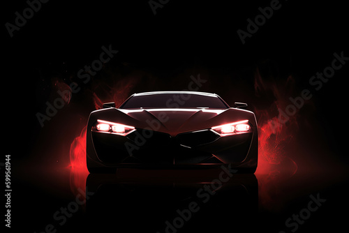 Front view dark silhouette of a modern sport red car isolated on dark background with red neon light and smoke. Created with Generative AI Technology