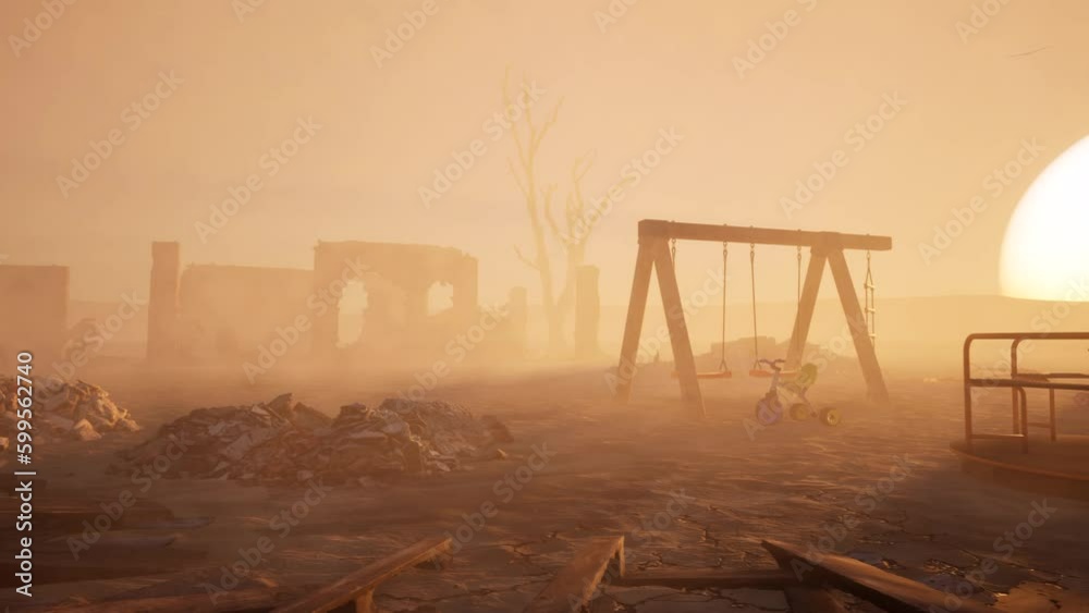 Playground ruins in the desert in front of a large sun, with volumetric light rays, destroyed buildings, debris and dust particles all over, dystopian apocalyptic scenery, 3D animation camera rotate