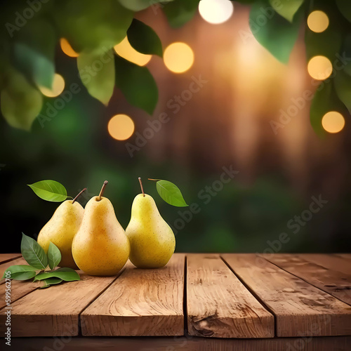 Background. Wooden tabletop and three pears. pear trees. Banner. copy space. Generative ai