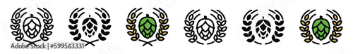 Hop icon vector with wheat wreath. Hops and grain wreath icon in thin line and flat style with editable stroke on white background. Beer and brewing badge sign and symbol. Vector illustration