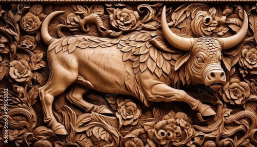 Wood carving art, dragon, lion, rabbit, forest wood carving patterns. Generative Ai