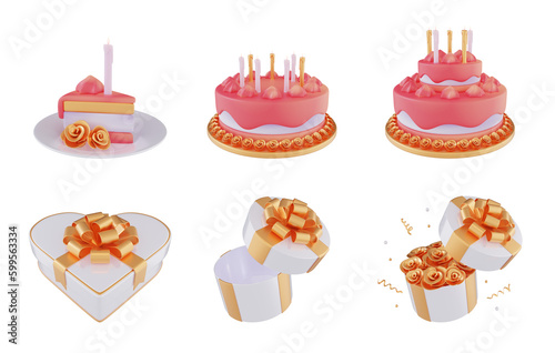 3d render birthday set with gold white and pink colors cakes and gift boxes