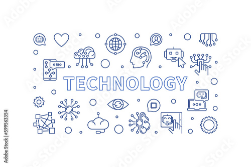 Technology outline blue vector horizontal banner - AI Tech illustration