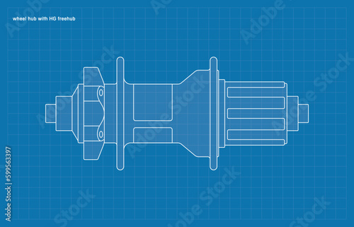 Vector blueprint bicycle hub with freehub HG body. Isolated on white background.
