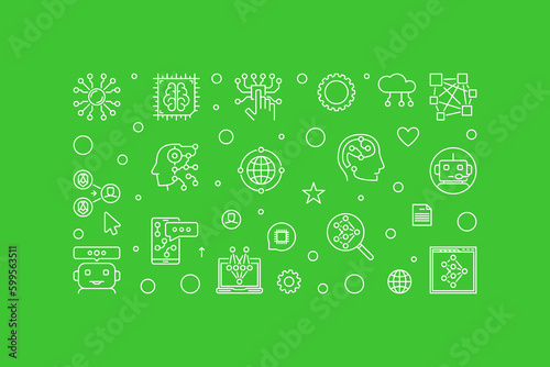 Machine Learning outline horizontal banner. Vector ML concept illustration