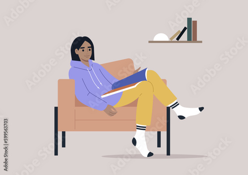 A young female Caucasian character reading a magazine at home, comfortable armchair and a bookshelf