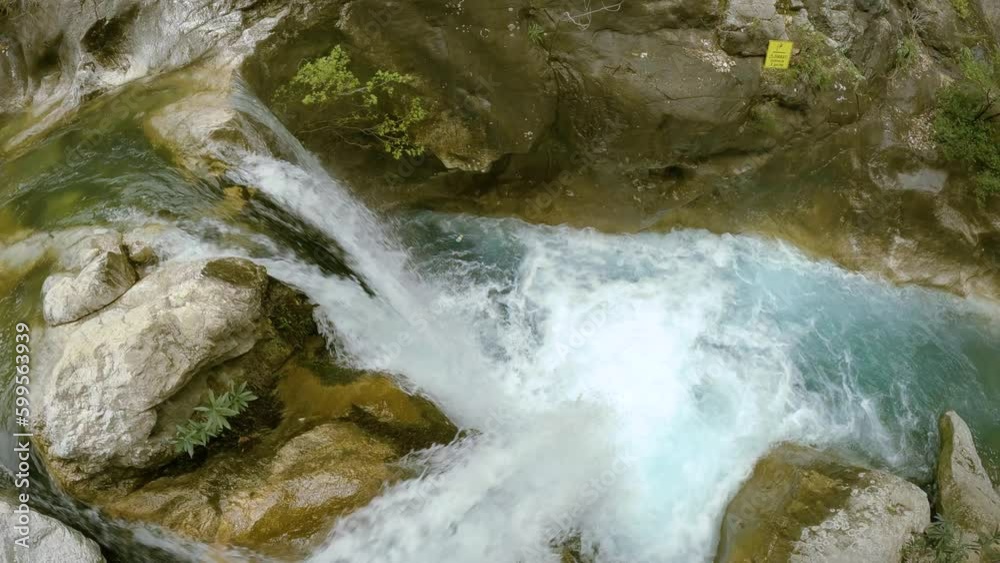 Waterfall - Water Flowing On Sapadere Canyon During Summer In Alanya, Turkey. - high angle Waterfall - Water Flowing On Sapadere Canyon During Summer In Alanya, Turkey. - high angle