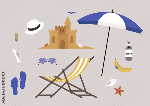 A set of beach summer objects, a sand castle, a striped deck chair, a pair of flip flops, a bottle of SPF filter cream, a banana, a hat, an umbrella