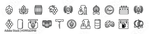 Beer icons vector set. Hop, grape, barrel, distillery, corkscrew, certified, signboard, rack and bottle cap, oil drum, factory, soda can, wheat wreath icon for apps and websites, symbol illustration