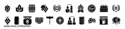 Beer icons vector set. Hop, grape, barrel, distillery, corkscrew, certified, signboard, rack and bottle cap, oil drum, factory, soda can, wheat wreath icon for apps and websites, symbol illustration