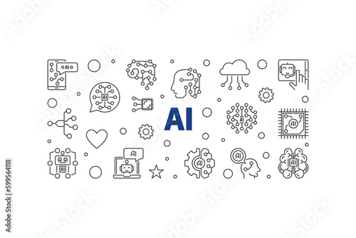 AI concept line horizontal banner - Artificial Intelligence vector illustration