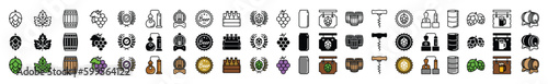 Beer icons vector set. Hop, grape, barrel, distillery, corkscrew, certified, signboard, rack and bottle cap, oil drum, factory, soda can, wheat wreath icon for apps and websites, symbol illustration