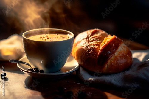 Amazing light and bright close-up shot of beautiful and delicious  creamy coffee cup    bread 