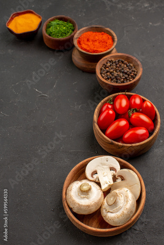 front view different seasonings with fresh tomatoes and mushrooms on dark background ripe color meal salad