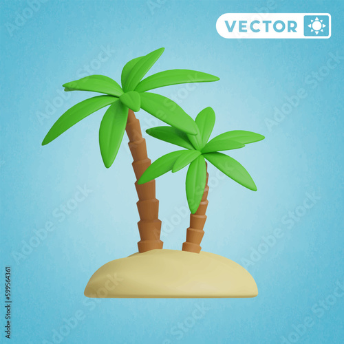 coconut tree on the beach 3D vector icon set, on a blue background