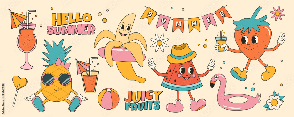 Groovy summer sticker set with summer fruits and elements. Strawberry, watermelon, pineapple, banana. Cartoon characters in trendy retro style, comic mascot characters. Groovy summer sticker set with summer fruits and elements. Strawberry, watermelon, pineapple, banana. Cartoon characters in trendy retro style, comic mascot characters.