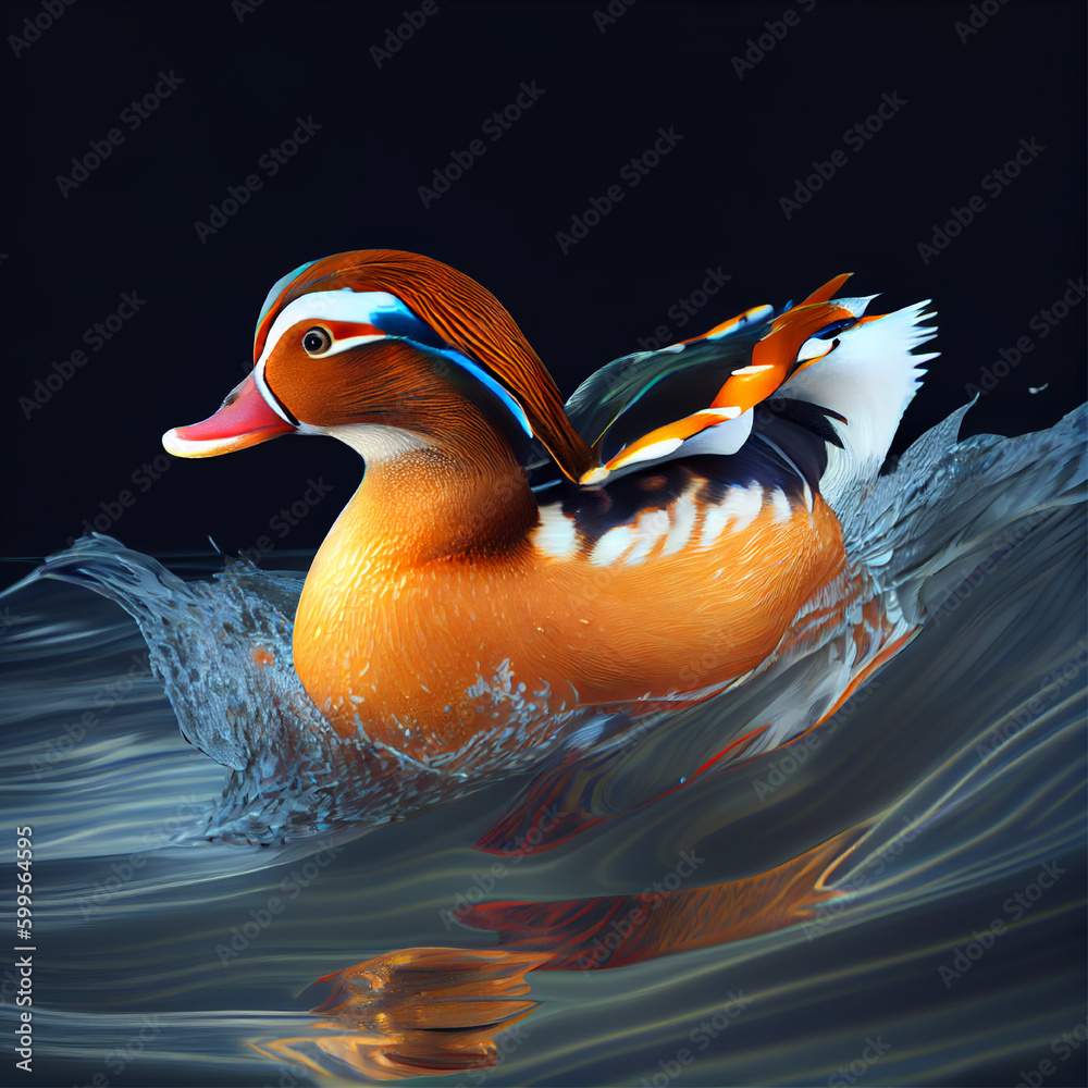 Mandarin duck in water | Aix galericulata | Generative AI | Hyper realistic | Photo-realism | Digital art - obrazy, fototapety, plakaty 