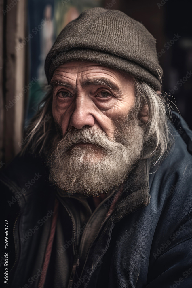 Homeless person holding a sign with a message. Generative AI Homeless person holding a sign with a message. Generative AI