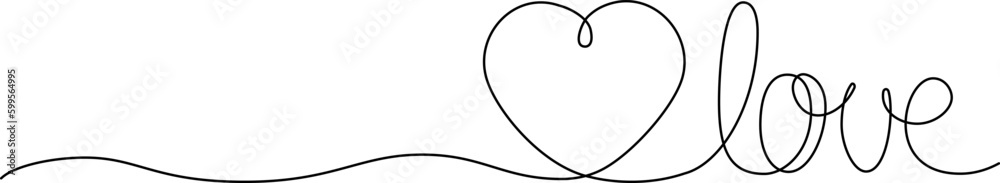 continuous single line drawing of word LOVE and heart shape, line art vector illustration