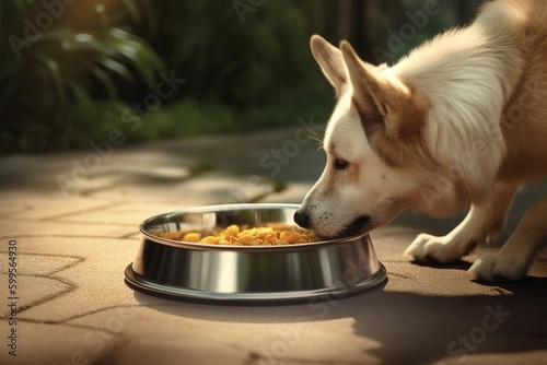 Tableau sur toile a dog consuming its meal from a dish made of metal. Generative AI