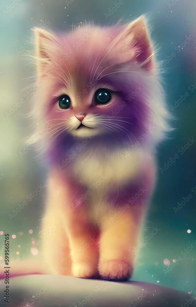Funny little kitten, sad and cute on a colorful blurred background. Generative Ai.