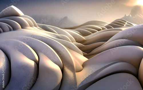 Alien planet landscape, 3d illustration of imaginary, fictional another planet view background. Generative Ai.