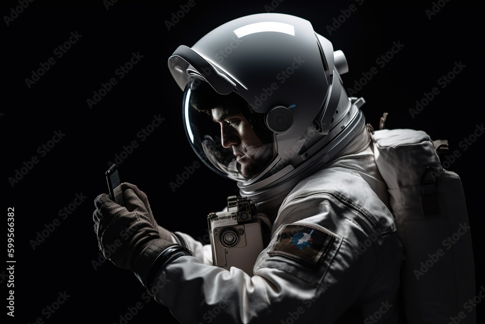 Astronaut using mobile in the middle of outer space. Black background. Generative AI