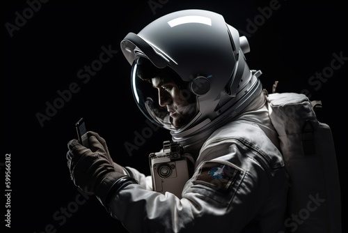 Astronaut using mobile in the middle of outer space. Black background. Generative AI