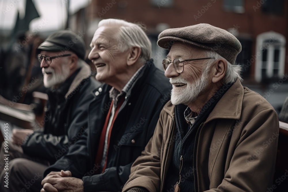 Fototapeta premium Senior male friends sitting on park bench and spending time together. Generative AI