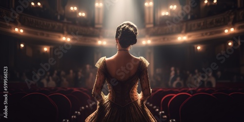 Back view opera singer in front of the audience in the theater. Generative AI