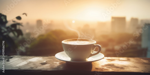 Cup of coffee or cappuccino on the table on a blurred city background, copy space. Coffee in cafe in roof outdoor. Generative ai illustration