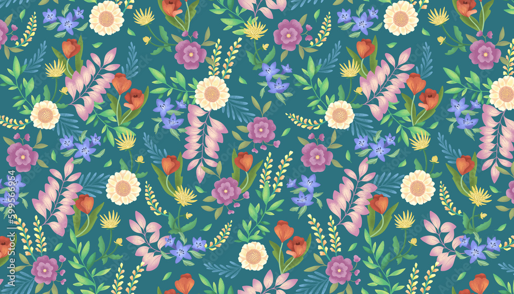 Motif floral sur fond bleu, fleurs de printemps Motif floral sur fond bleu, fleurs de printemps