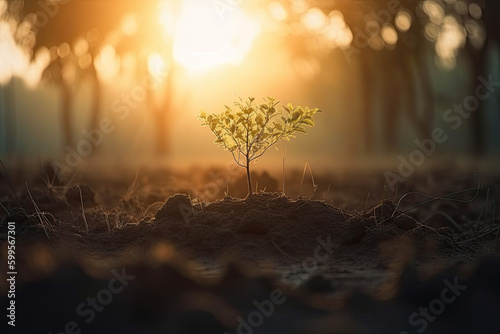 small plant growing on ground at sunrise created with Generative AI technology