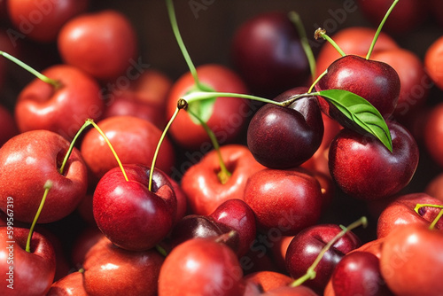 Cherries background. Fresh cherries with green leaves close up