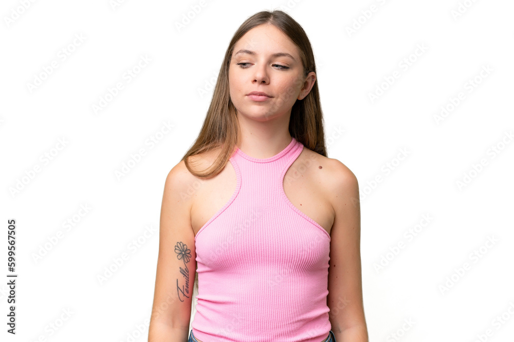 Young beautiful blonde woman over isolated background having doubts while looking side Young beautiful blonde woman over isolated background having doubts while looking side