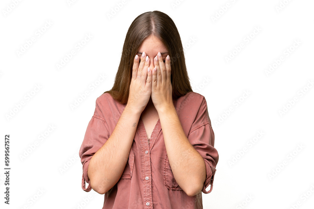 Young beautiful blonde woman over isolated background with tired and sick expression Young beautiful blonde woman over isolated background with tired and sick expression