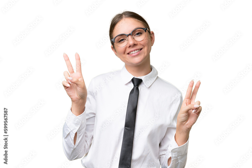 Young business caucasian woman over isolated background showing victory sign with both hands Young business caucasian woman over isolated background showing victory sign with both hands