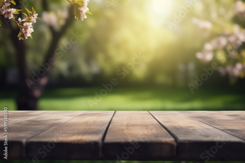 Empty wooden table with spring flowers and butterflies and sunny garden background with ai generated