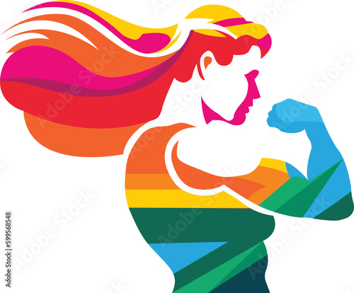 Woman flexing her biceps, rainbow bright colors illustration