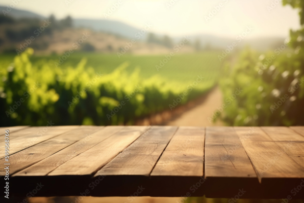 Empty Wooden table in vineyards at summer with grapes blurred background with copy space , AI Generated Empty Wooden table in vineyards at summer with grapes blurred background with copy space , AI Generated